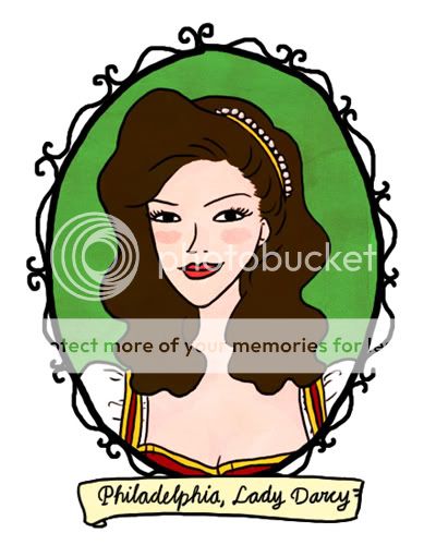 Portrait of Philadelphia, Lady Darcy. She has big dark hair, red lips, a slight smile, and cunning eyes. She has a red dress with white short sleeves and a yellow border.