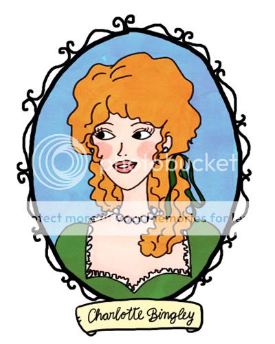 Portrait of Charlotte Bingley. She has big, dark blond hair (a bit red-ish/orange-ish), wide eyes, and a plump mouth. She wears a green dress with lace on the collar, and a green hair band.