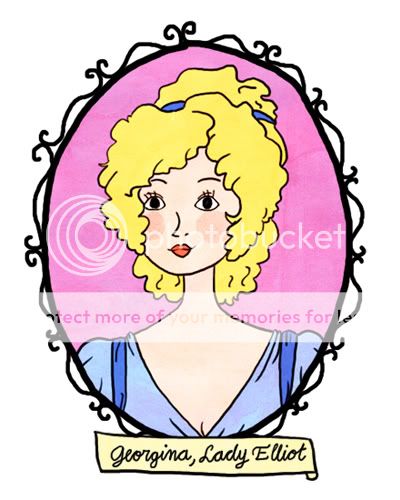 Portrait of Georgina, Lady Elliot. She has bright blond, curly hair she wears up with a wide blue band, heart-shaped mouth and wide eyes. She wears a blue dress.