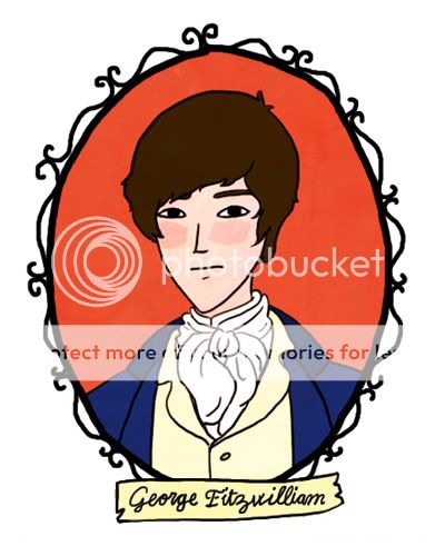 Portrait of George Fitzwilliam. He has a pale, delicate face, dark brown hair and a serious expression. He's wearing a blue coat with a creme waistcoat and a complicatedly tied cravat.