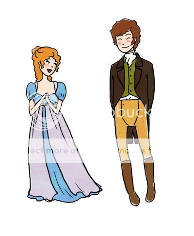 Charlotte Bingley and John Bennet, with flushed, happy expressions. She wears a light-blue dress with a pale violet overdress, and he wears tan breeches, brown boots, a dark brown coat and a green waistcoat.