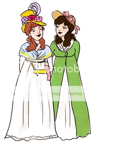 Philadelphia, Lady Darcy and Lady Constance Tilney walking out. They wear white dresses. Lady Darcy wears a green pelisse, pink gloves, and a straw hat with a pink bow. Lady Constance wears yellow gloves, a light blue shawl and a yellow hat with red and violet flower.